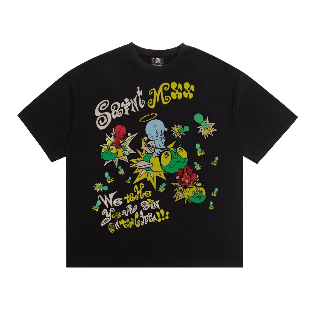 Meichao Saint Michael "we take your sin on the chin" MX6 washed and distressed short-sleeved T-shirt with digital white ink direct printing, breathable fabric and clear three-dimensional pattern. Fabric: Double yarn 240g Style number: S891 Size: S-M-L-XL Color: Washed black Price: P118